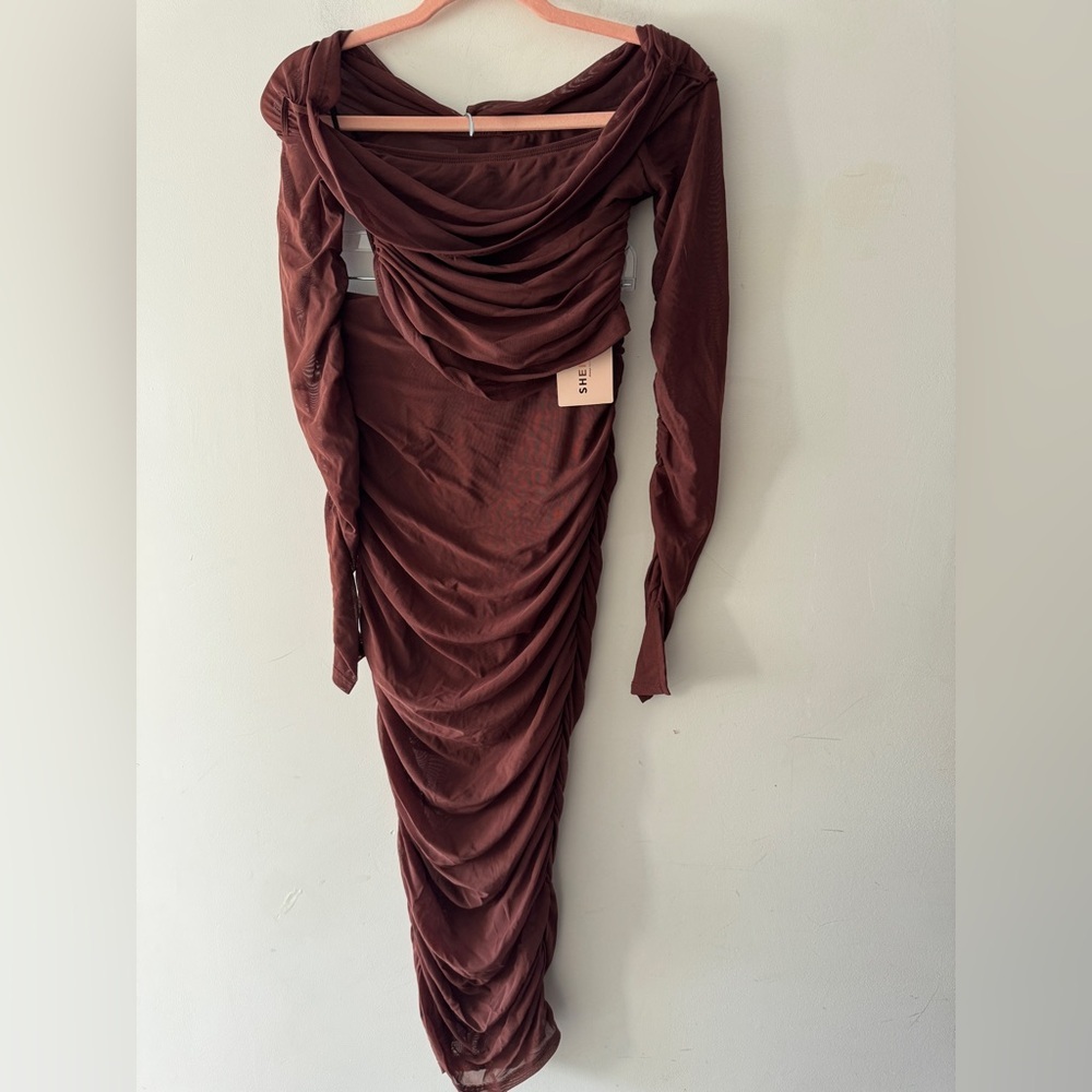 NEW!! SHEIN 2 Piece Brown Ruched Set Long Sleeve Top‎ and Ruched Skirt